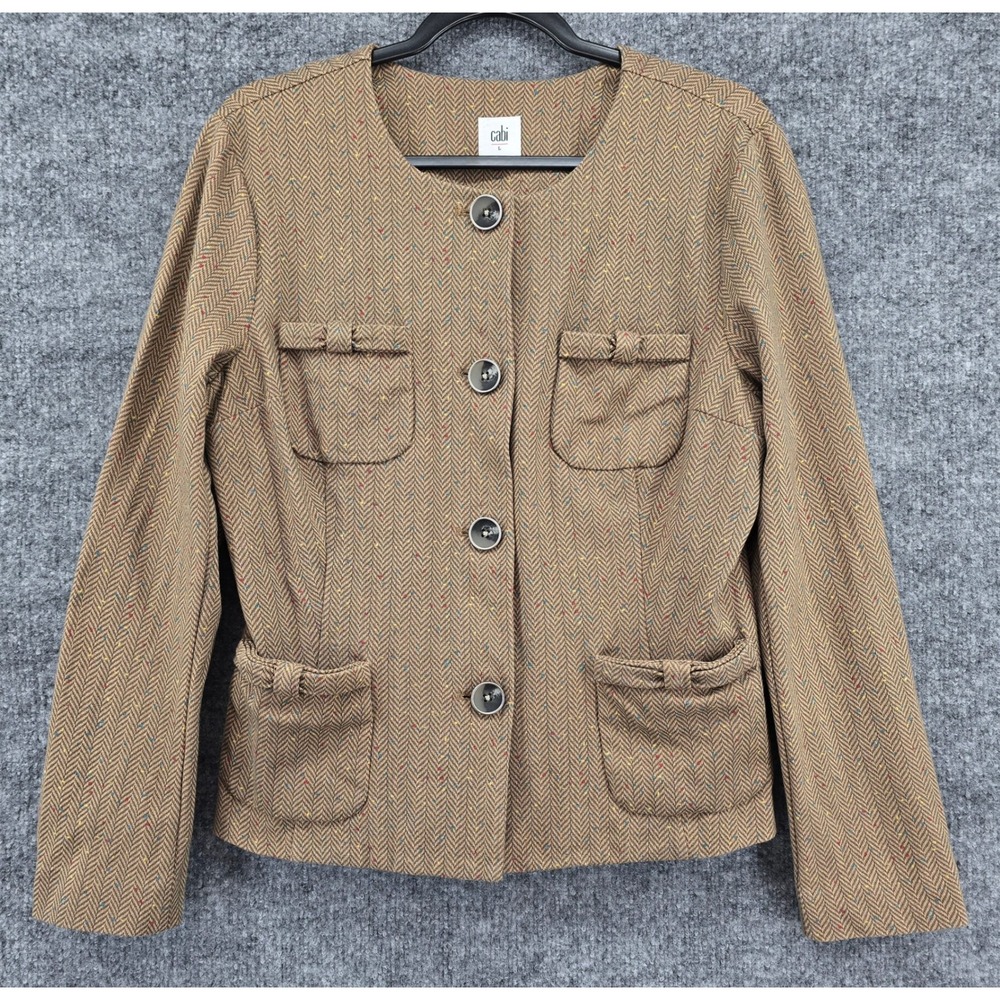 CAbi Penny Blazer Women L Brown Tan Herringbone Fleck 3170 Button Jacket Patch